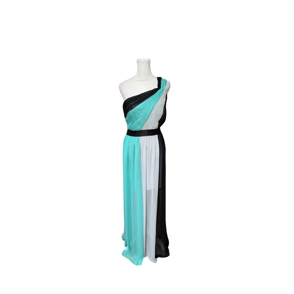 Max and Cleo One Shoulder Pleated Maxi Dress Aquamarine Multi XGX6S703 Size 6